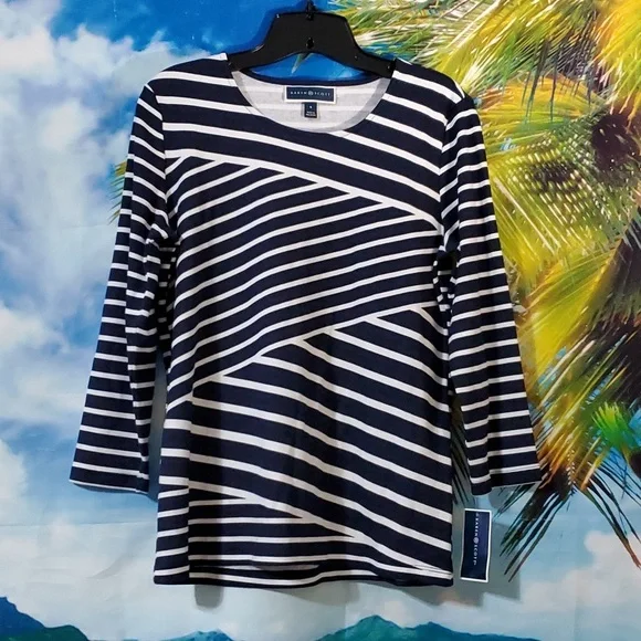 KAREN SCOTT Callie Asymmetrical stripes 3/4 Sleeves Boat neck women's top size S - Picture 1 of 5